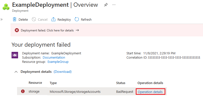 失败的部署的屏幕截图，其中突出显示了操作详细信息的链接。