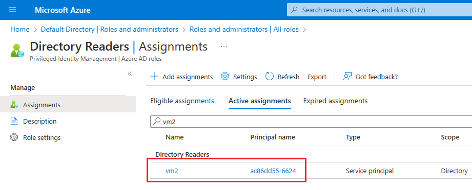 Azure 门户的“目录读取者”页的屏幕截图，其中显示了已添加到角色的 VM 分配。