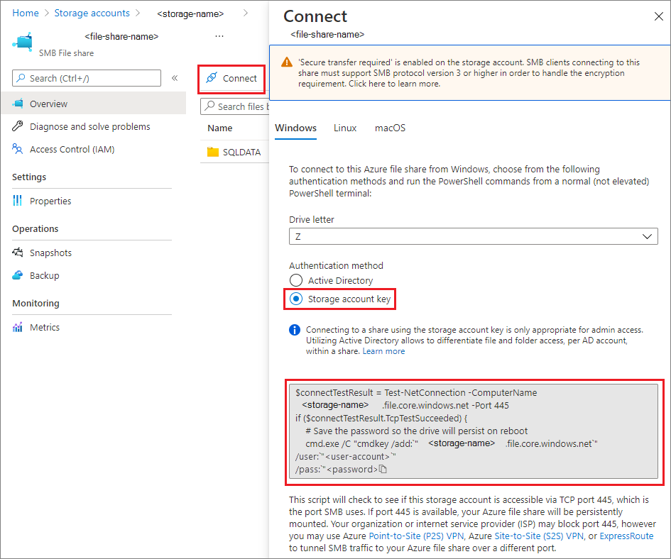 屏幕截图中显示了如何从文件共享连接门户复制 PowerShell 命令。