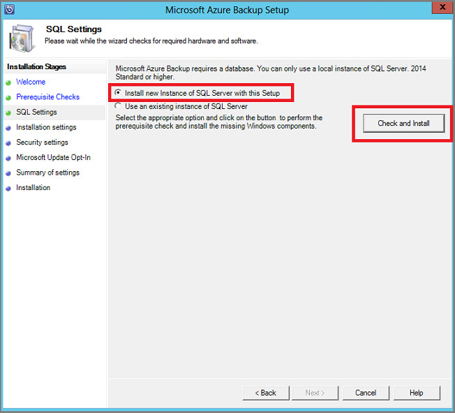 屏幕截图显示了“SQL 设置”对话框和安装 SQL Server 的新实例，其中选中了此安装选项。