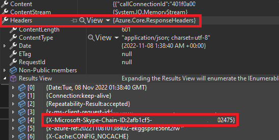 屏幕截图显示包含 X-Ms-Skype-Chain-Id 的响应标头。