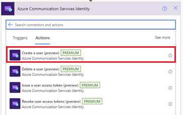 显示 Azure 通信服务标识连接器“创建用户”操作的屏幕截图。