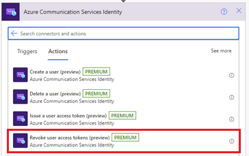 显示 Azure 通信服务标识连接器“撤销访问令牌”操作的屏幕截图。