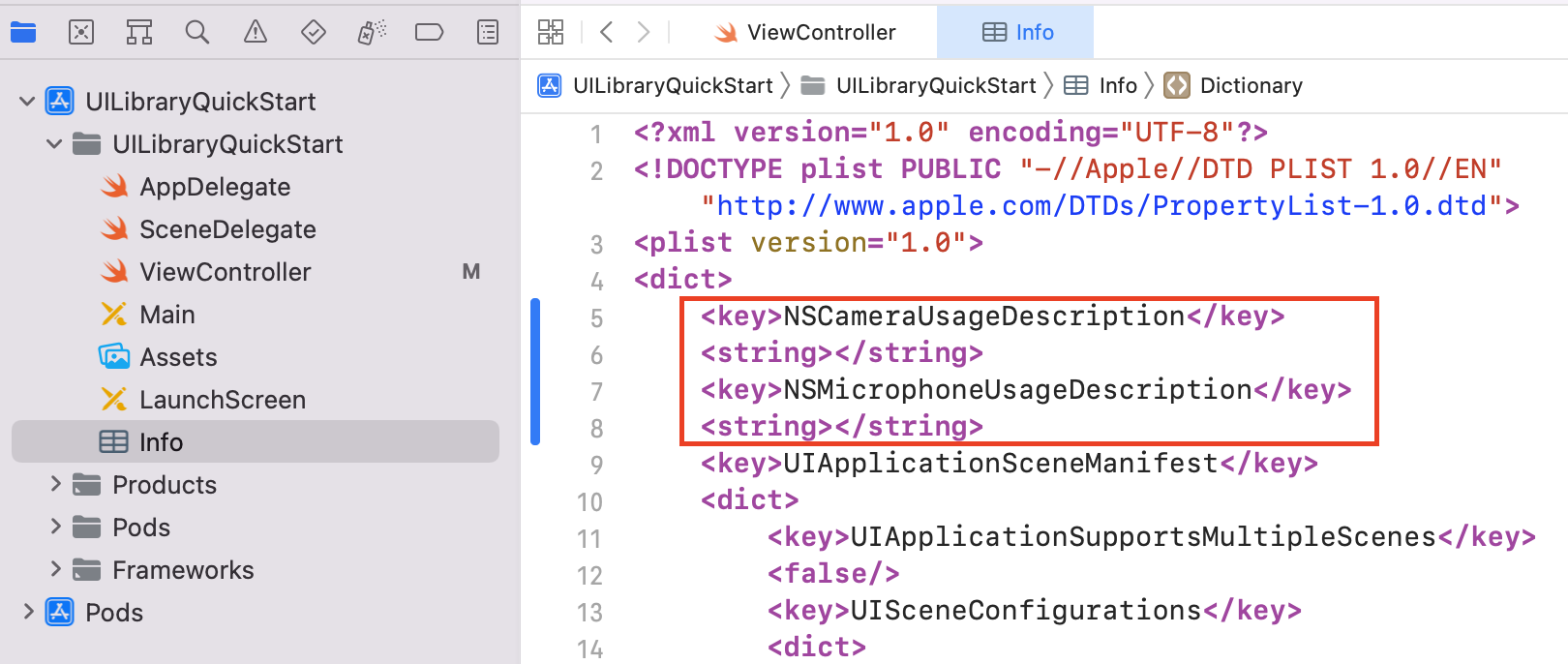 显示 Xcode 文件中 info plist 源代码示例的屏幕截图。