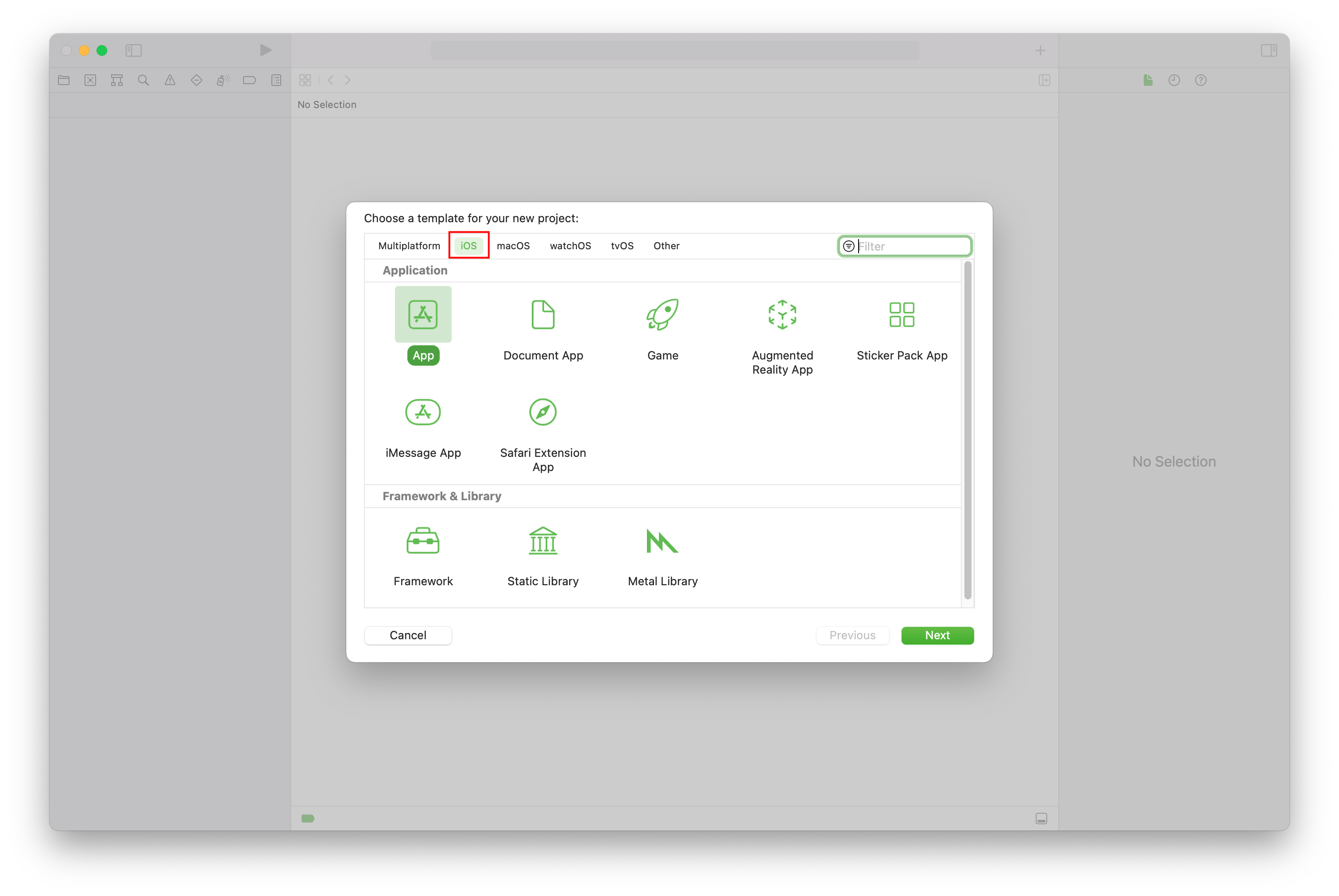 显示 Xcode 新建项目对话框的屏幕截图，其中选择了 iOS 和“应用”模板。