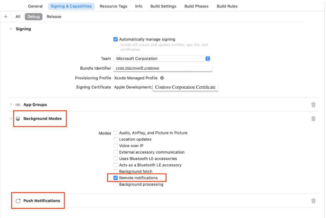 显示如何在 Xcode 中添加推送通知和后台模式的屏幕截图。