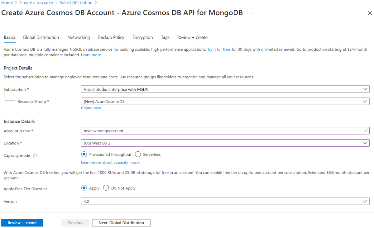 Azure Cosmos DB“新建帐户”页面的屏幕截图。