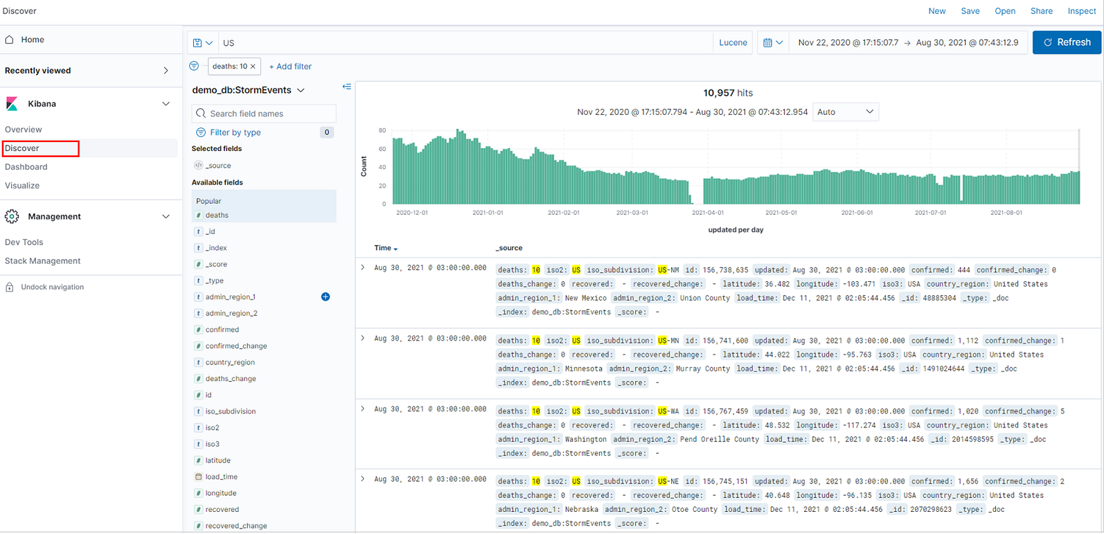 Kibana 中的“发现”选项卡的屏幕截图。