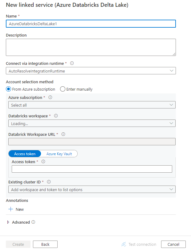 Azure Databricks Delta Lake 链接服务的配置的屏幕截图。