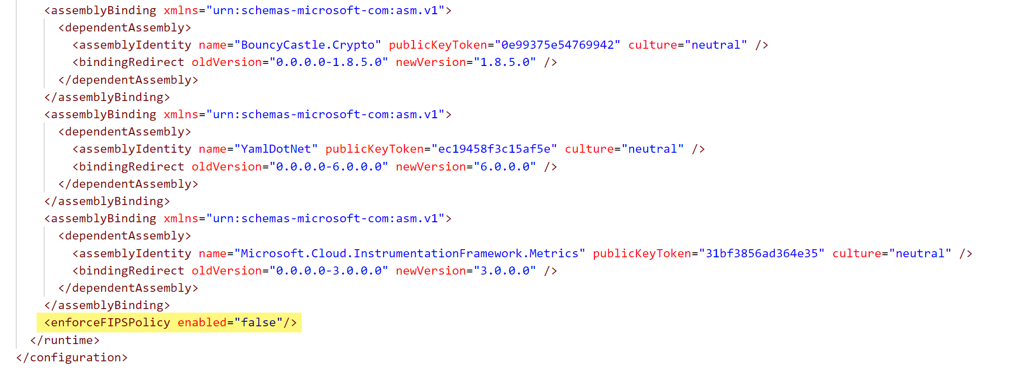 显示已禁用 FIPS 的 diawp.exe.config 文件部分的屏幕截图。