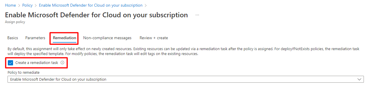 显示如何为 Azure Policy 的定义“在订阅上启用 Defender for Cloud”创建修正任务的屏幕截图。