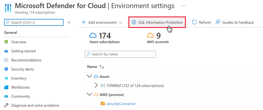 通过 Microsoft Defender for Cloud 的“环境设置”页访问 SQL 信息保护策略。