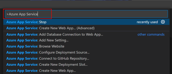 A screenshot of the Visual Studio Code command palette for App Service.