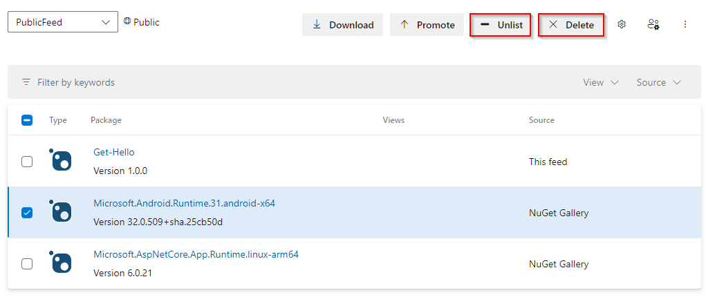 显示如何删除或取消列出 NuGet 包的屏幕截图。