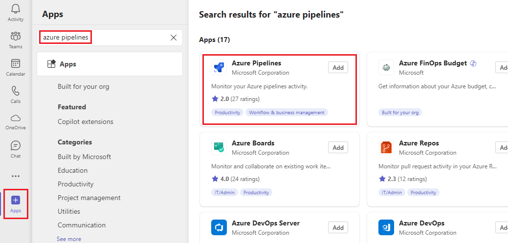 选择“应用”按钮，然后选择“Azure Pipelines”按钮的屏幕截图。