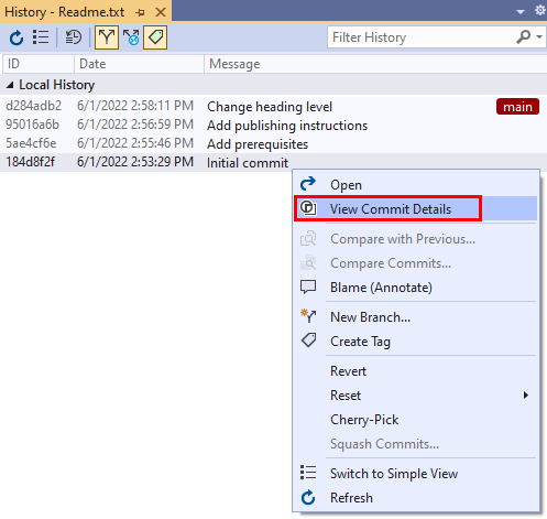 Visual Studio 2019 提交历史记录视图的提交上下文菜单中“查看提交详细信息”选项的屏幕截图。