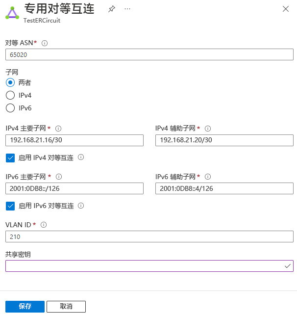 显示专用对等互连配置的屏幕截图。