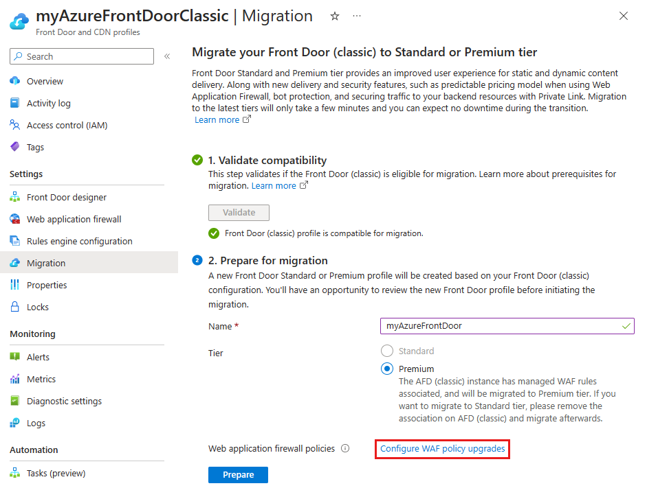 Azure Front Door 迁移准备期间的配置 WAF 策略链接的屏幕截图。