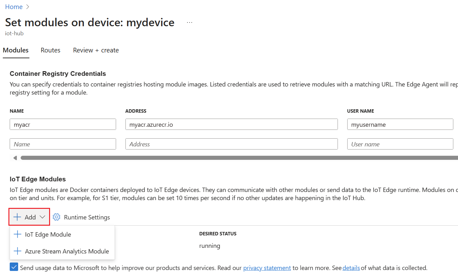 在 Azure 门户中选择“添加 IoT Edges 模块”工具栏按钮的屏幕截图。