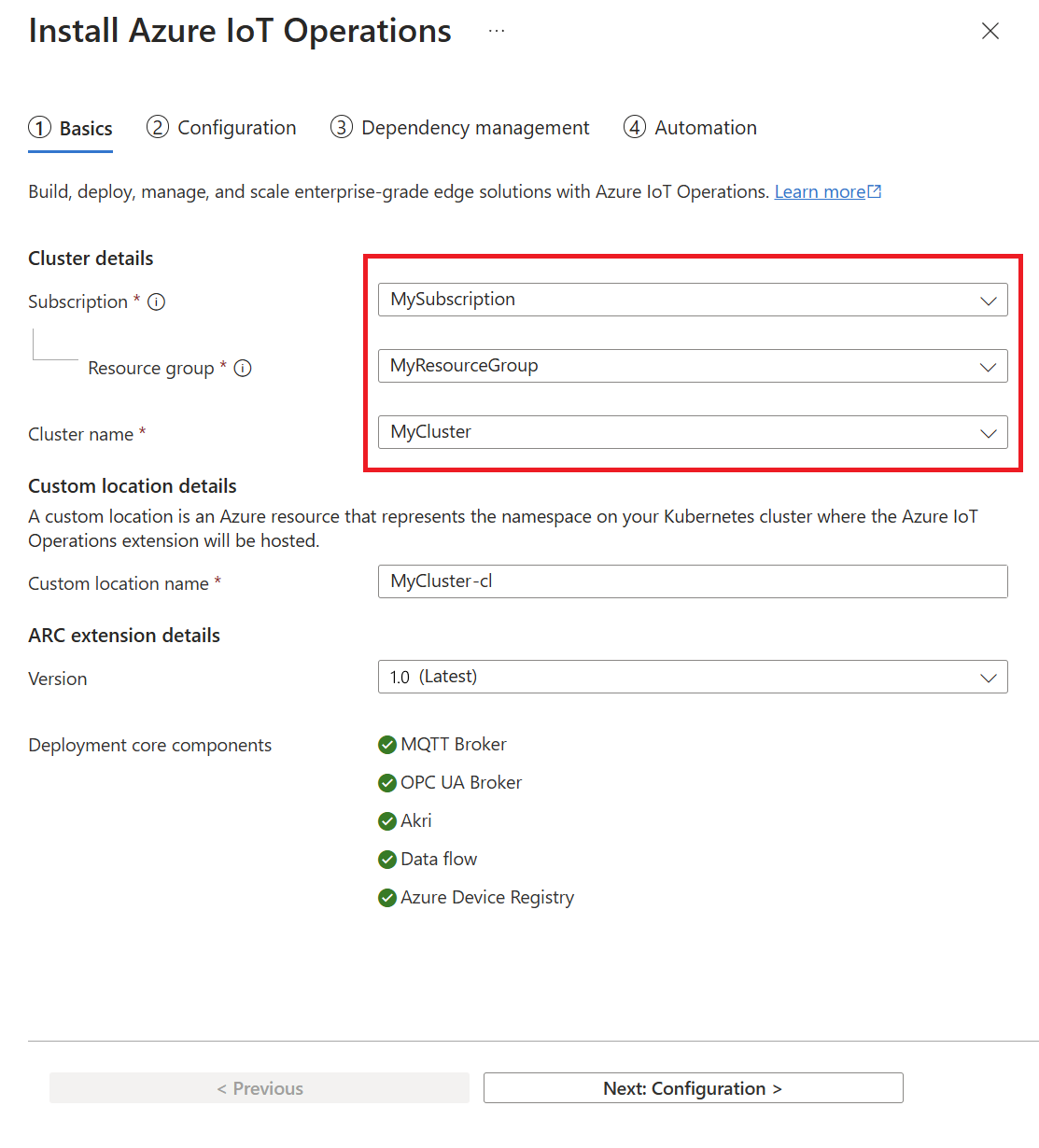 显示用于从门户部署 Azure IoT 操作的第一个选项卡的屏幕截图。