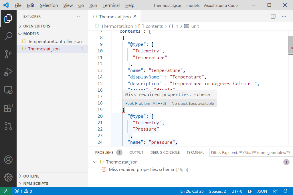 显示 VS Code 中的 DTDL 模型验证的屏幕截图。