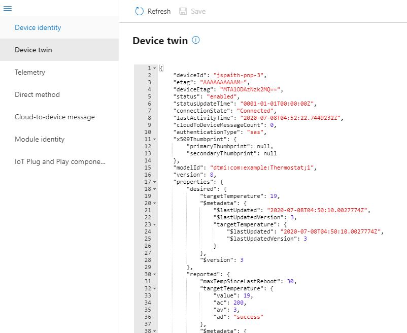 Azure IoT 资源管理器工具的屏幕截图，其中显示了数字孪生属性中的模型 ID。