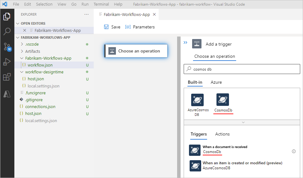 此屏幕截图显示了 Visual Studio Code 和标准逻辑应用工作流的设计器，其中带有新的自定义内置 Azure Cosmos DB 连接器。