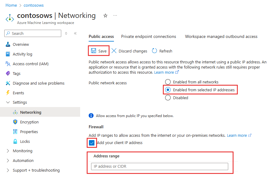 用于从 Internet IP 范围启用访问的 UI 的屏幕截图。