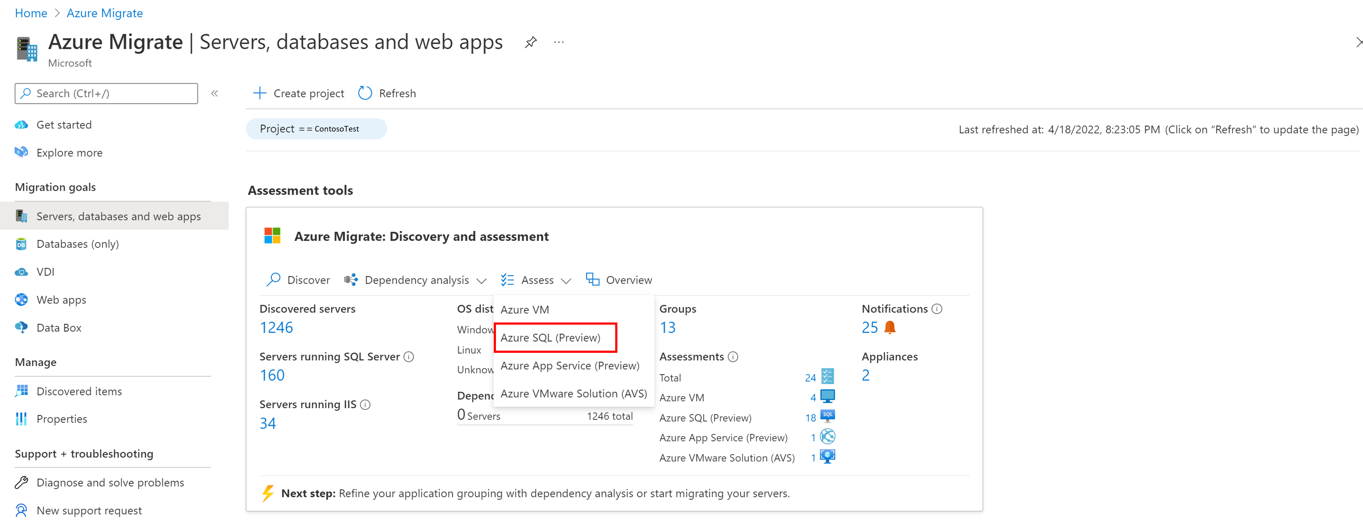 选择“Azure SQL”作为评估类型的下拉列表的屏幕截图。