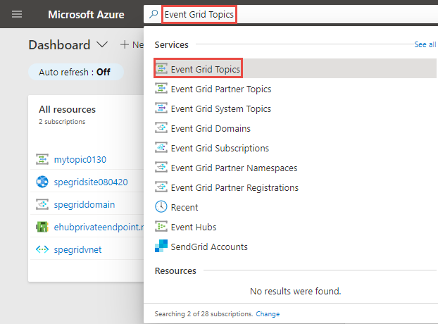 搜索并选择 Azure 事件网格主题页面的屏幕截图。