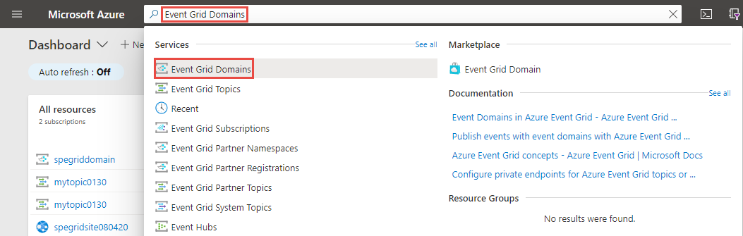 搜索并选择 Azure 事件网格域的屏幕截图。