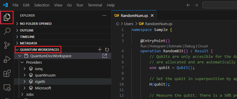 显示如何展开 Quantum 工作区窗格的 Visual Studio Code 的屏幕截图。