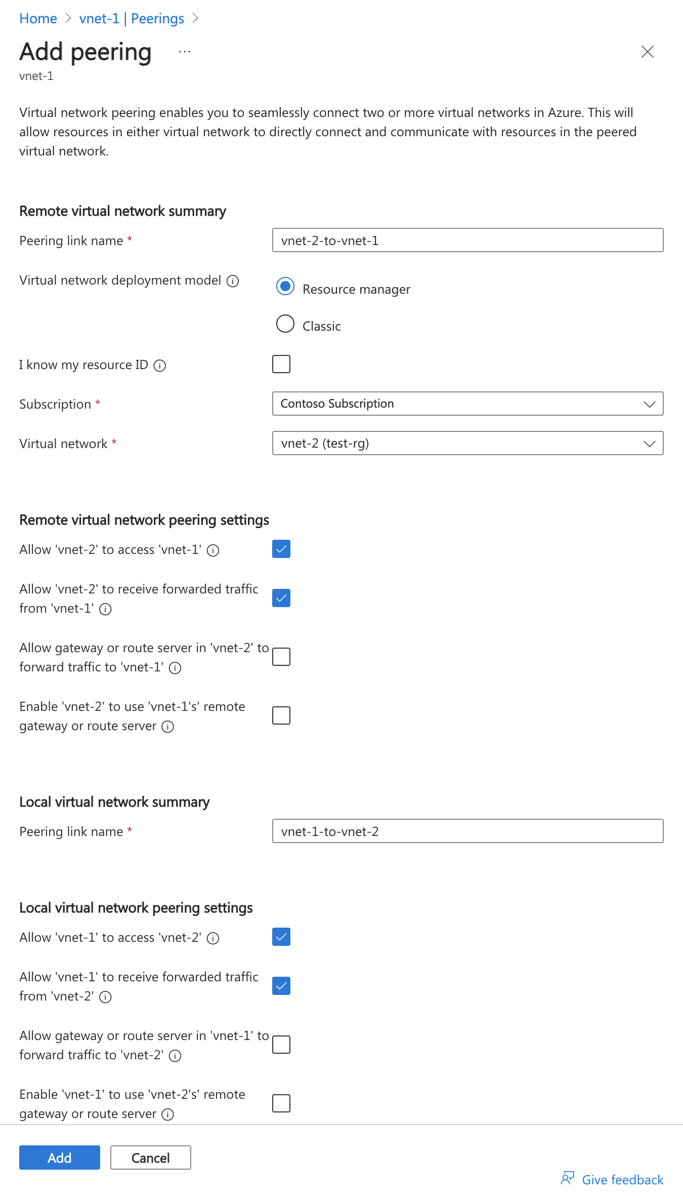 在 Azure 门户中添加对等互连的屏幕截图。