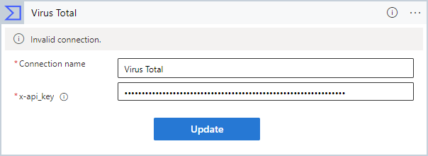 屏幕截图显示如何输入“Virus Total”的 API 密钥和其他连接详细信息。