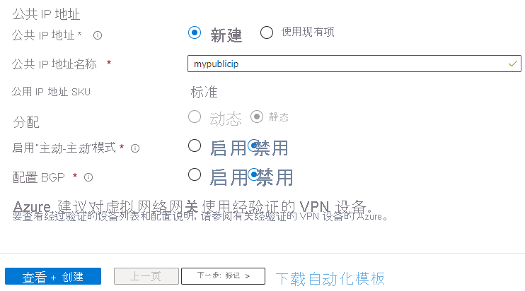 显示如何使用 Azure 门户为虚拟网络网关指定公共 IP 地址的屏幕截图。