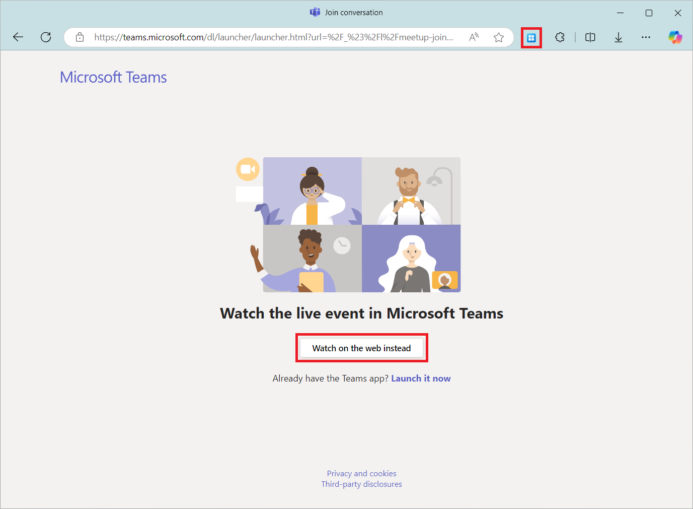 “在 Microsoft Teams 中观看直播活动”网页的屏幕截图。“改为在 Web 上观看”选项和多媒体扩展图标以红色突出显示。