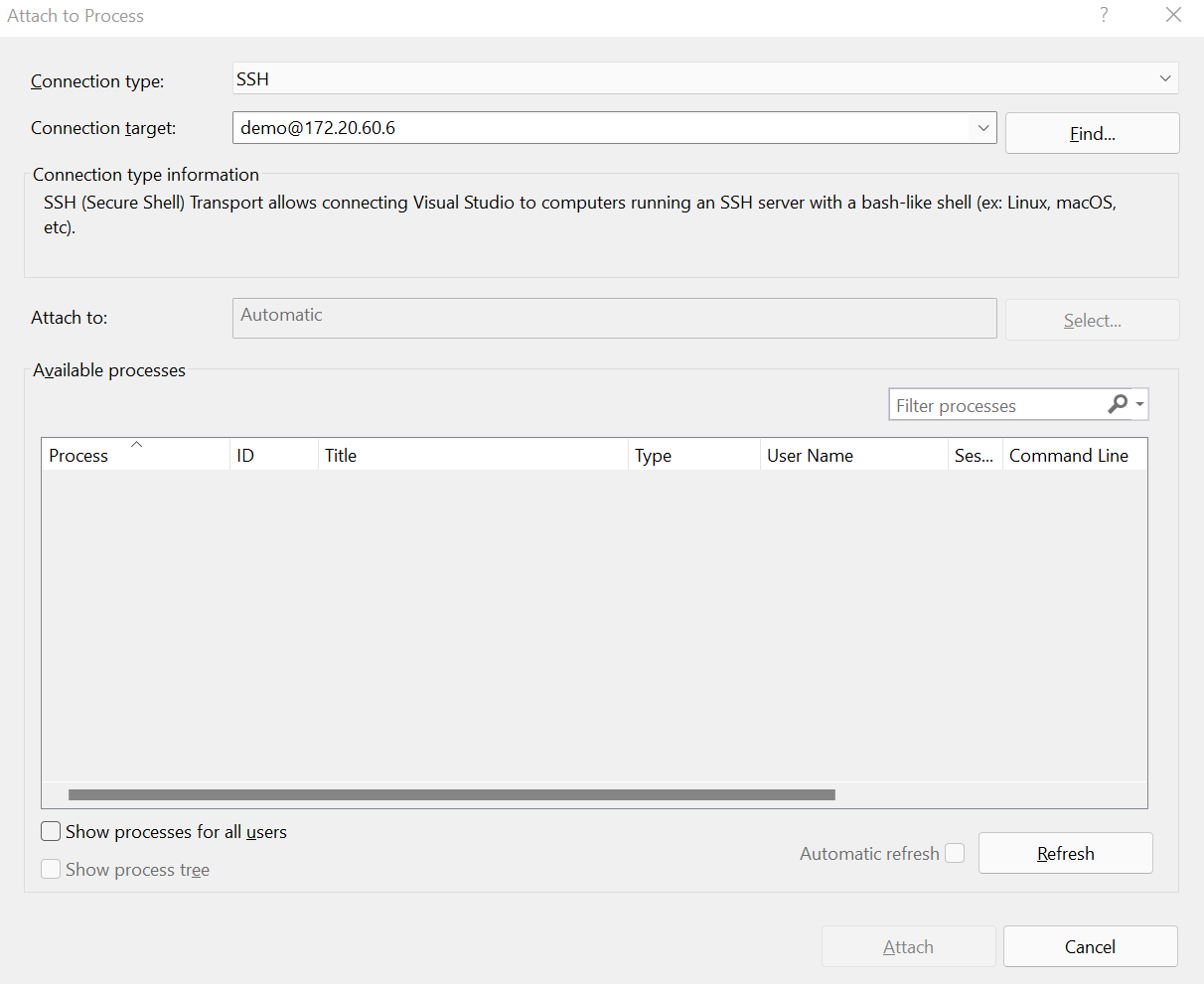 Visual Studio 中“附加到进程”菜单的屏幕截图。