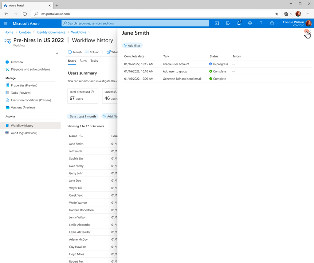 Screenshot of workflow task history status.