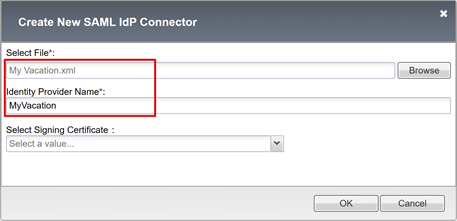 “新建 SAML IdP 连接器”上的“选择文件”和“标识提供者名称”字段的屏幕截图。