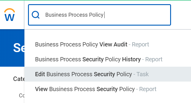 屏幕截图显示搜索框中的“业务流程策略”并且已选择“编辑业务流程安全策略 - 任务”。
