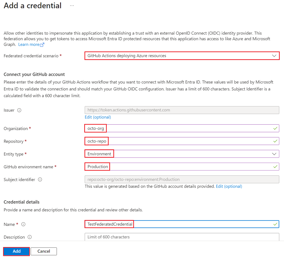 Screenshot of the Add a credential window, showing sample values.