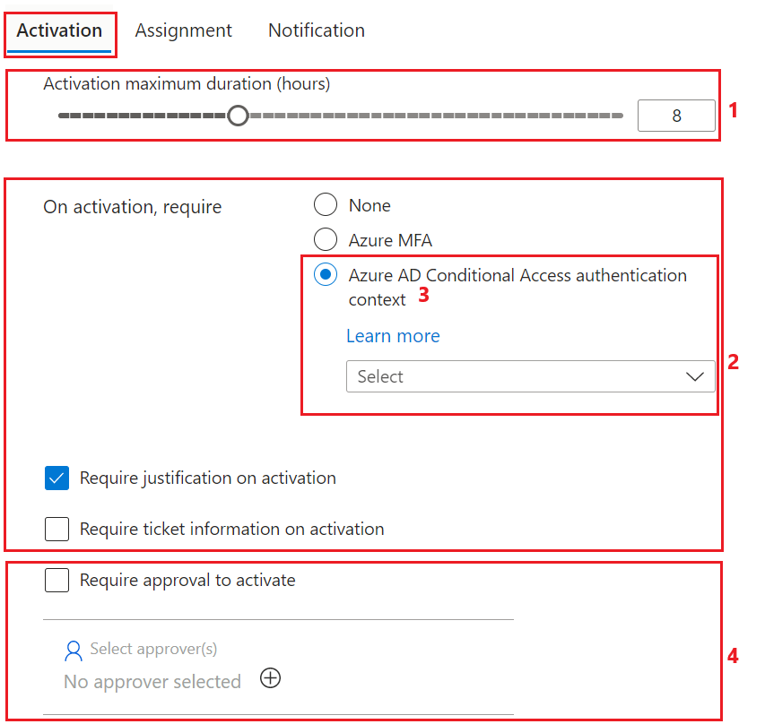 Microsoft Entra 管理中心上的 PIM 角色激活设置。