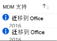 显示不支持的较旧 Office 设置的屏幕截图，并建议迁移到 Microsoft Intune 中受支持的版本。