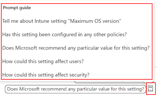 显示当你在 Microsoft intune 和 Intune 管理中心的合规性策略中添加设置时出现的 Copilot 提示指南的屏幕截图。