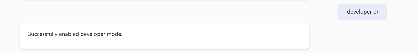 用户键入“-developer on”以成功启用开发人员模式的“智能 Microsoft 365 Copilot 副驾驶®”会话的屏幕截图