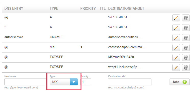 从下拉列表中选择 MX 类型，然后填写值。