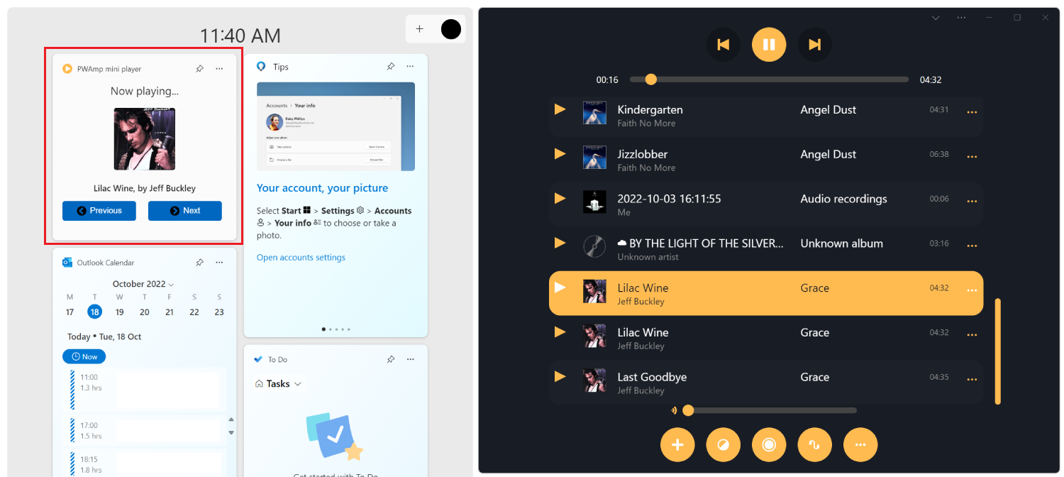 Windows 小组件板，PWAmp 演示应用旁边。小组件板包含 PWAmp 微型播放器小组件，显示 PWAmp 应用中播放的当前歌曲