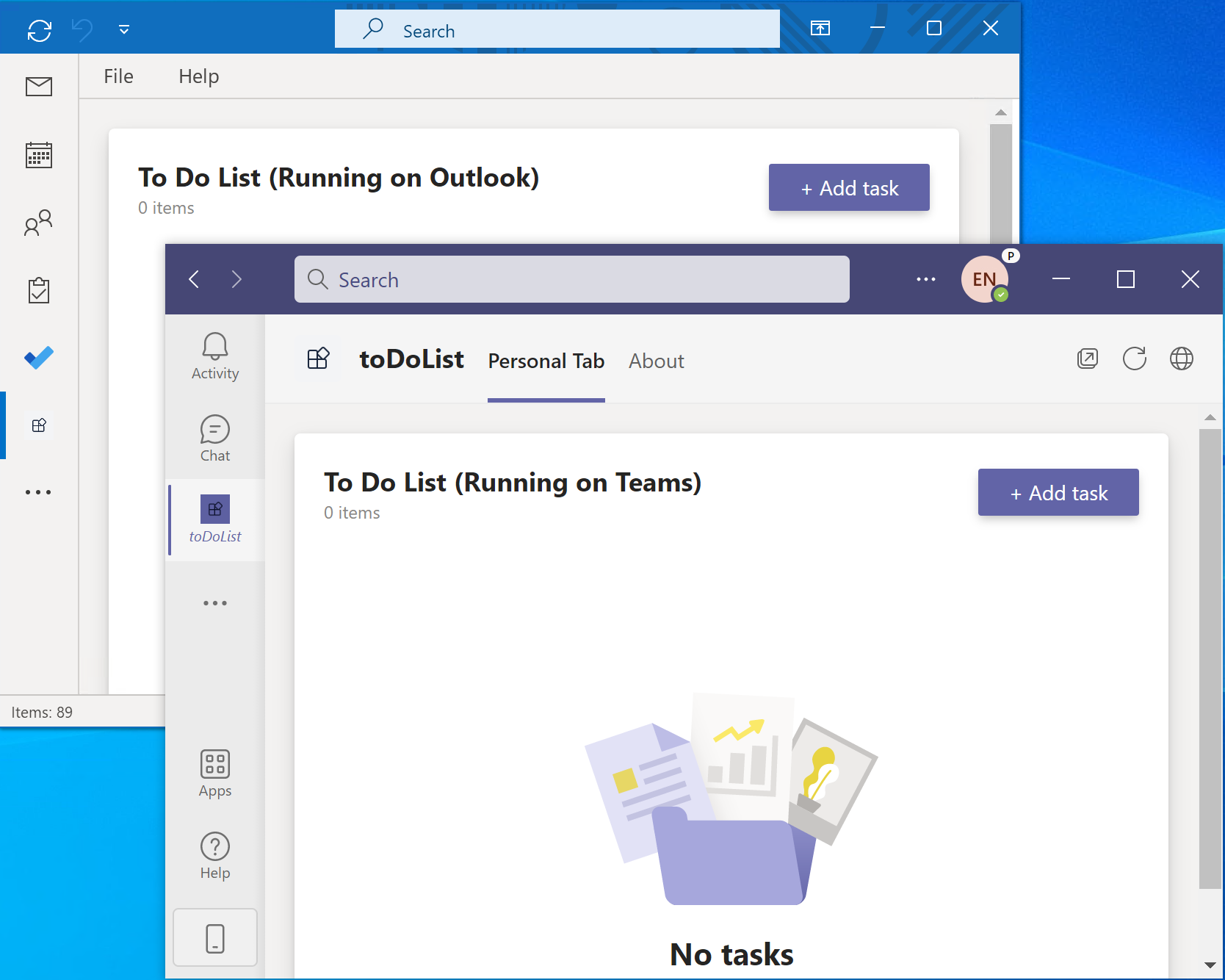 屏幕截图是显示 Outlook、Microsoft 365 和 Teams 中运行的“个人”选项卡的示例。