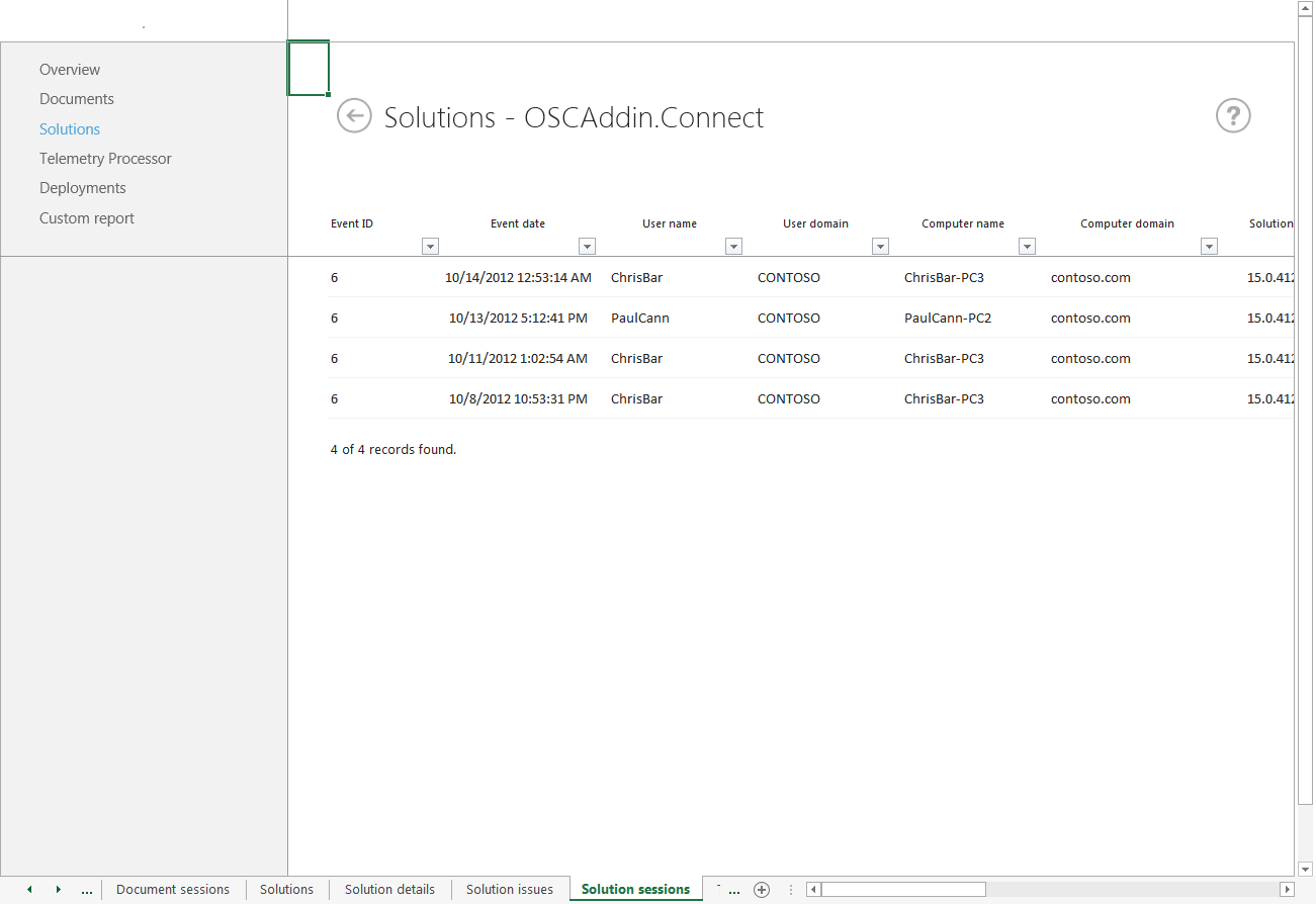 OSCAddin.Connect 的解决方案会话的屏幕截图，其中包含事件详细信息和用户信息。