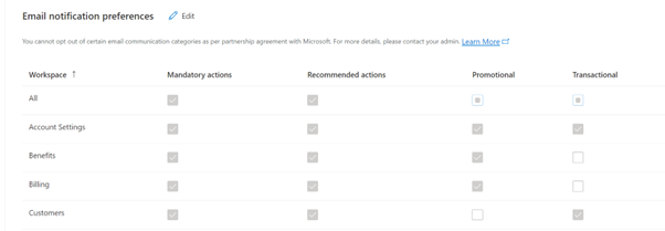 合作伙伴中心电子邮件通知首选项设置的屏幕截图。